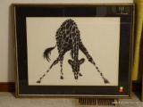 (MBR) FRAMED BLACK AND WHITE WALL ART; PEN/INK STYLE IMAGE OF A BABY GIRAFFE WITH LEGS SPLAYED