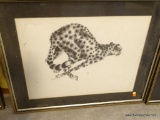 (MBR) FRAMED BLACK AND WHITE WALL ART; PEN/INK STYLE IMAGE OF A LEOPARD MID-SPRINT. LIGHT RED DOT IS