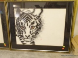 (MBR) FRAMED BLACK AND WHITE WALL ART; PEN/INK STYLE IMAGE OF A TIGER'S FACE. LIGHT RED DOT IS