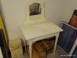 (MBR) SMALL WHITE CHILD SIZED VANITY; TOP MIRROR IS ATTACHED AND HAS ONE CENTRAL DRAWER WITH A GLASS