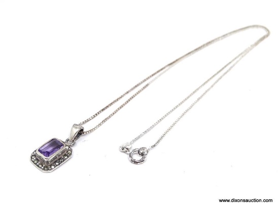 .925 STERLING SILVER 1 1/2 CT AMETHYST PENDANT ON 18" BOX CHAIN