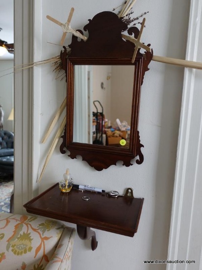 (HALL) SMALL CHERRY CHIPPENDALE STYLE MIRROR-12"W X 19"H INCLUDES A CHERRY HANGING WALL SHELF-13"W X