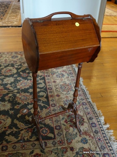 (LR) VINTAGE MAHOGANY LIFT TOP SEWING STAND-13"W X 10"L X 30"H- ONE HINGE NEEDS A SCREW