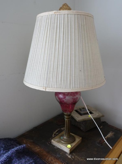 (LR)ANTIQUE CRANBERRY ETCHED, MARBLE AND BRASS LAMP WITH SHADE AND FINIAL-30"H