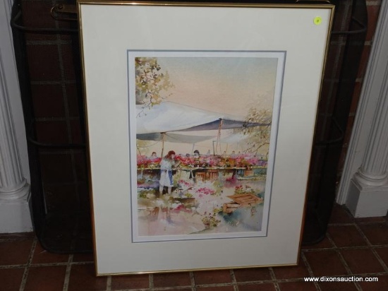 (LR) FRAMED DOUBLE MATTED SIGNED WATER COLOR OF A FLOWER MARKET- SIGNED R. CARTER, IN BRASS