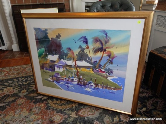 (LR) FRAMED AND MATTED SIGNED WATERCOLOR OF AN ISLAND SEASCAPE- SIGNATURE ELIGIBLE- GOLD GILT