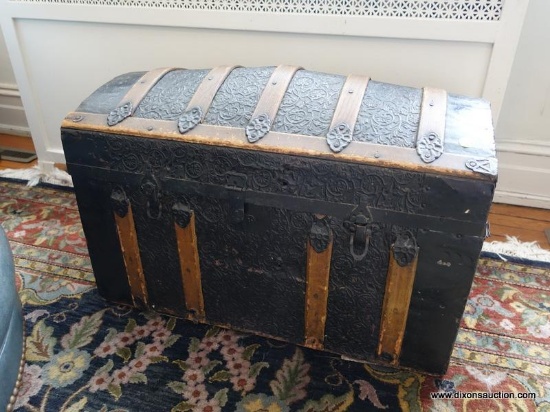 (LR) ANTIQUE METAL EMBOSSED AND WOODEN DOME TOP TRUNK-27"W X 14"D X 16"H