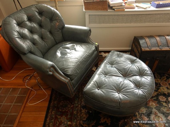 (LR) ONE OF A PAIR OF HANCOCK AND MOORE LEATHER ARM CHAIR WITH MATCHING OTTOMAN-CHAIR- 32"W X 24"L X
