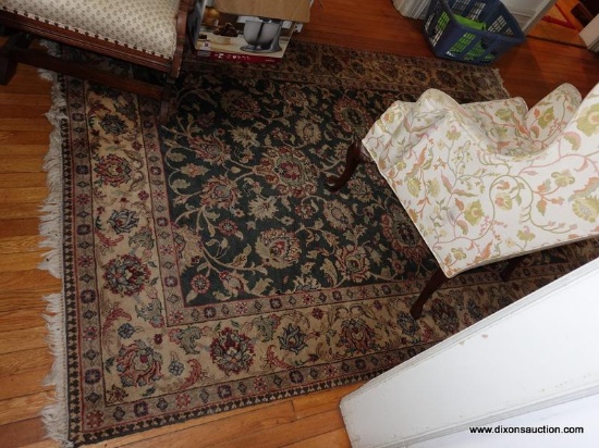 (HALL) HANDMADE ORIENTAL RUG- FLORAL PATTERN IN GREEN AND TAN ( NEEDS TO BE CLEANED)-5' 7" x 8'3"