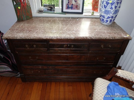 h (HALL) ANTIQUE VICTORIAN WALNUT MARBLE TOP DRESSER- BROWN TENNESSEE MARBLE, 3 OVER 2 DOVETAIL