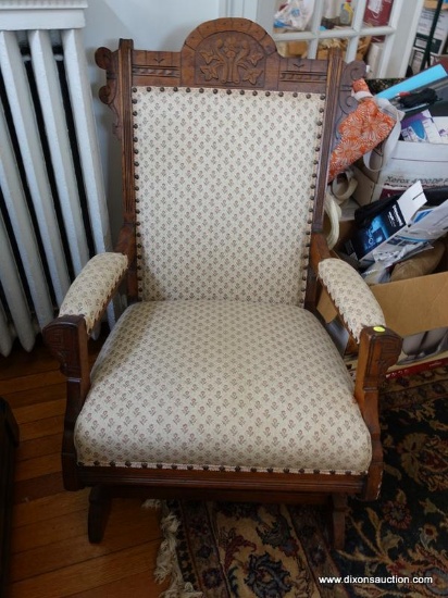 (HALL) ANTIQUE WALNUT VICTORIAN PLATFORM ROCKER- FLORAL UPHOLSTERY- REFINISHED AND READY FOR THE