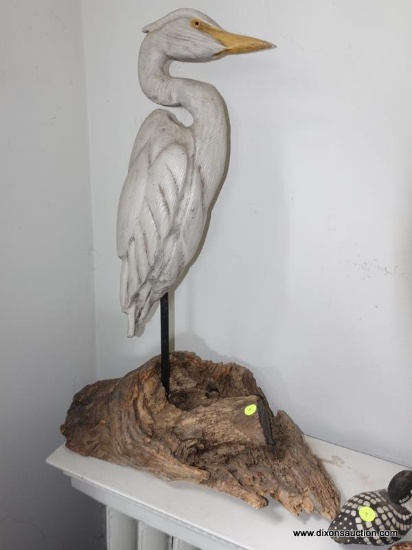 (HALL) WOOD CARVED HERON ON DRIFTED WOOD- SIGNED -MICHAEL AND SUSAN VEASEY-2011-16"W X 28"H