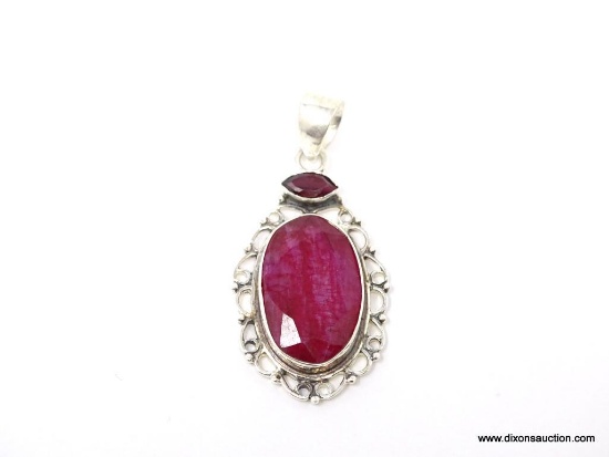 .925 STERLING SILVER 1 3/4" GORGEOUS LARGE NATURAL AFRICAN RED CABOCHON RUBY WITH GARNET ACCENT