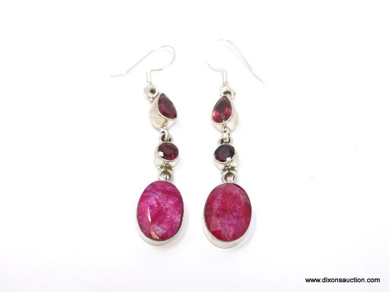 .925 STERLING SILVER 1 1/2" GORGEOUS DROP NATURAL AFRICAN RUBY WITH GARNET ACCENT EARRINGS. RETAL
