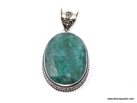 .925 STERLING SILVER 2X2" GORGEOUS DETAILED NATURAL AFRICAN FACETED GREEN EMERALD PENDANT. RETAIL