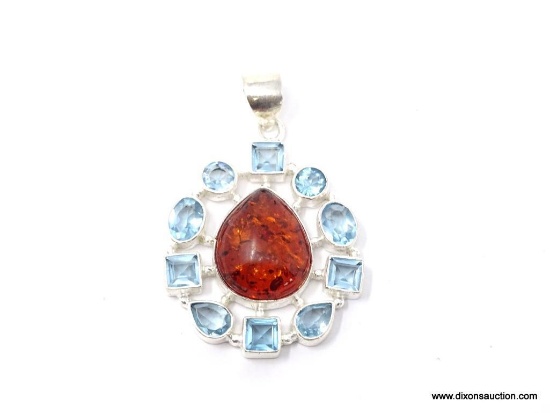 .925 STERLING SILVER 1 1/2" AMAZING BALTIC AMBER AND FACETED BLUE TOPAZ ACCENT PENDANT. RETAIL