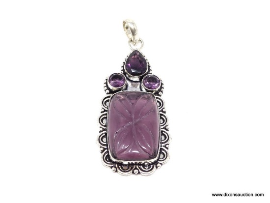 .925 STERLING SILVER 2 1/2" SPECTACULAR ALOT OF DETAIL HAND CARVED AMETHYST GEMSTONE WITH AMETHYST