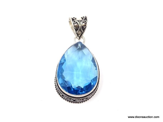 .925 STERLING SILVER 2" X 1" LARGE GORGEOUS DETAILED FACETED SWISS BLUE PENDANT. RETAIL $125.00