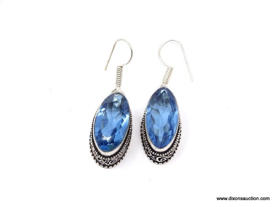 .925 STERLING SILVER 1 3/8" GORGEOUS LARGE FACETED SWISS BLUE EARRINGS. RETAIL $79.00