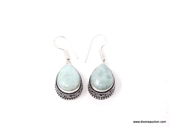 .925 STERLING SILVER 1 2/8" AMAZING TOP QUALITY DETAILED PEAR SHAPE CARIBBEAN LARIMAR EARRINGS,