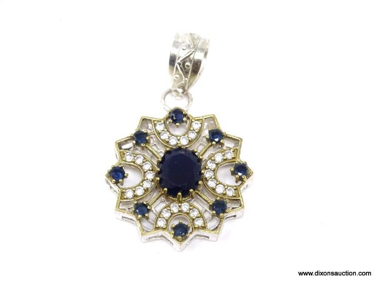 .925 STERLING SILVER BRONZE 2" GORGEOUS HANDMADE TURKISH OTTOMAN STYLE BLUE SAPPHIRE QUARTZ AND