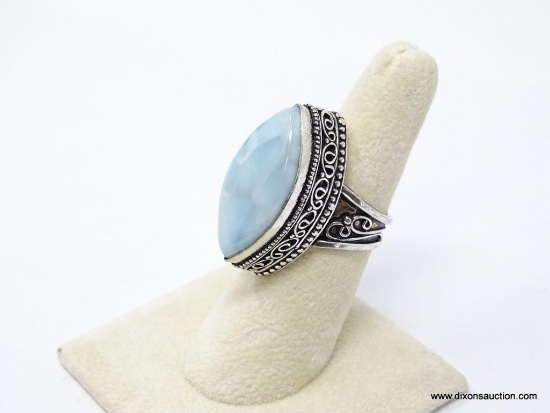 .925 STERLING SILVER AMAZING LARGE DETAILED MARQUISE CUT CARIBBEAN LARIMAR. SIZE 6.5 RING. RETAIL