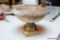 (R2) GOLDEN COLORED MARBLE BOWL ON PEDESTAL BASE; TOP PIECE SEPERATES FROM BOTTOM BY DESIGN, BOWL