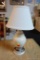 (R3) PETITE VINTAGE DESK/TABLE LAMP; CREAM COLORED GLOSSY BASE WITH MATCHING CREAM LINEN LAMPSHADE.