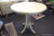 (R2) YELLOW ROUND BAR-HEIGHT PEDESTAL TABLE; CHIPPY SHABBY CHIC TOP SURFACE, LOWER PEDESTAL WITH 4