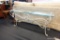 (R2) GLASS TOP SOFA TABLE; WROUGHT IRON SCROLLING FRAME WITH A WHITEWASHED FINISH. MEASURES 56 IN X