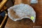 (R5) WHITE ALABASTER LEAF SHAPED DISH; HAS RUFFLED EDGES AND GREYISH BLACK MARBLING, MEASURES 9 IN
