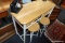 (R5) WOOD AND WHITE METAL BAR/KITCHENETTE SET; WITH TWO WOVEN PULL OUT DRAWERS. MINOR SCUFFS AND