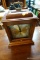 (R5) HOWARD MILLER SAMUEL WATSON KEY WOUND CHIMING MANTEL CLOCK; WOODEN FRAME AND CASE WITH A GLASS