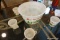 (R5) VINTAGE TOM AND JERRY HOLIDAY PUNCH BOWL SET; WHITE MILK GLASS WITH A FESTIVE RED AND GREEN