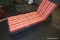 (R6) BROWN MARTHA STEWART LIVING LOUNGE CHAIR; ADJUSTABLE BACK, RED AND TAN STRIPED CUSHION IN