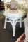 (WIN) LOVELY SMALL WHITE GLASS TOP END TABLE; ROUND WOVEN WHITE WICKER TABLE ON 4 STURDY LEGS. THIS