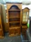 (R6) PINE 3-SHELF OVER 2 DOOR CABINET BOOKCASE; WITH DENTIL MOLDING. MEASURES 32 IN X 16 IN X 79 IN.