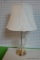 (R1) GLASS TABLE LAMP; WHITE TULIP SHADE (NEEDS MENDING DUE TO TEARS) WITH LEAF PATTERNED GLASS