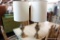 (R1) VINTAGE TABLE LAMPS; MATCHING PAIR WITH BRASS TONE URN STYLE BASES AND TALL CYLINDER LINEN-LIKE