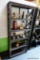 (R2) MODERN BLACK SHELF; SIDE PANELS ARE X-SHAPED, 5 TOTAL SHELVES, EXCELLENT CONDITION WITH A BLACK