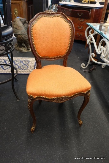 (R1) ANTIQUE UPHOLSTERED FRENCH SIDE CHAIR; BRIGHT ORANGE RIVETED UPHOLSTERY, ROUND BACK WITH CARVED