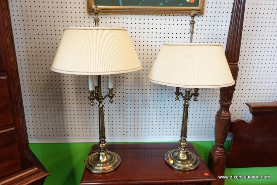 (R1) VINTAGE TABLE LAMPS; EACH HAS 3 CANDLESTICK-STYLE POSTS, BRASS FINIAL AND BASE, A YELLOW-BEIGE