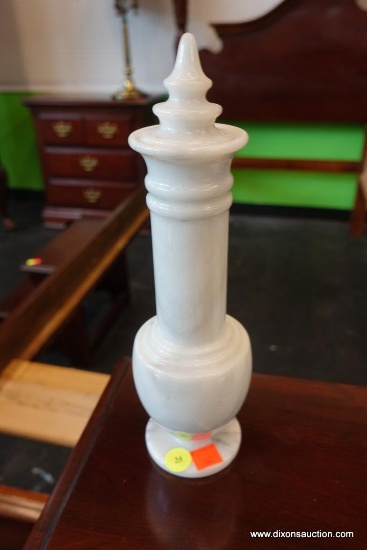 (R1) WHITE MARBLE BOTTLE/JAR WITH LID; GROOVED SIDES, WIDENS AT BOTTOM TO SIT ON ROUND BASE. TOTAL