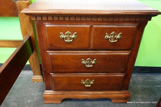 (R1) CHERRY NIGHTSTAND; DENTIL MOLDING AROUND TOP OVER A DIVIDED-FRONT PANEL DRAWER OVER 2