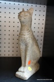 (R2) BASTET EGYPTIAN CAT GODDESS STATUE; MADE FROM TAN AND GREY GRANITE/STONE, MEASURES 3 IN X 6 IN