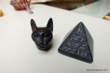 (R2) PIER 1 EGYPTIAN FIGURINES; LOT INCLUDES A PYRAMID WITH HIEROGLYPHICS AS WELL AS A BASTET (CAT