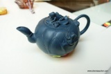 (R2) ORIENTAL FROG THEMED TEAL TEAPOT; A FROG ON EACH SIDE, ONE DELICATE HANDLE, A SPOUT, AND A FROG