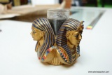 (R2) EGYPTIAN KING TUT VOTIVE CANDLE HOLDER; REMOVABLE GLASS CUP TO HOLD A VOTIVE CANDLE, BASE
