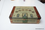 (R2) VINTAGE METAL EGYPTIAN CIGARETTE TIN; M. MELACHRINO & CO., HINGED LID, MEASURES 6 IN X 5 IN X 2
