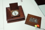 (R2) WOODEN ACCESSORIES LOT; INCLUDES A VINTAGE COMPASS BY KEUFFEL & ESSER, A SMALL HANGING PLAQUE